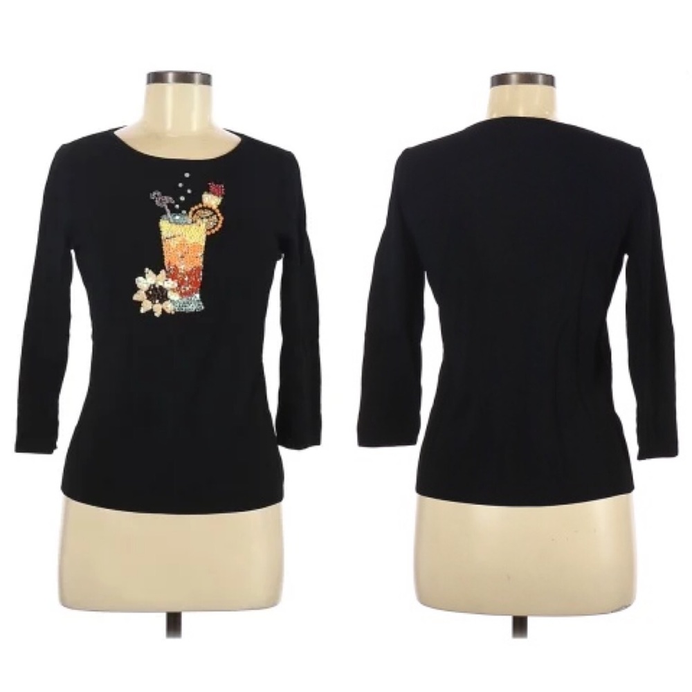 SALE! SWEATERWORKS Sequin TROPICAL Drink KNIT Top M - Picture 2 of 4